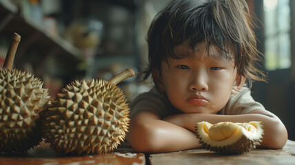 girl grimacing at durian fruit smell. - obrazy, fototapety, plakaty