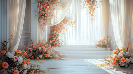 Fototapeta na wymiar Elegant white wedding aisle with floral arch.