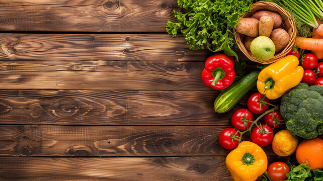 Fresh vegetables and fruits on wooden background.

