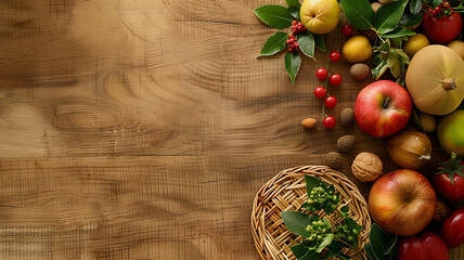 Fresh vegetables and fruits on wooden background.

 - obrazy, fototapety, plakaty