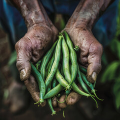A handful of crisp, fresh green beans, just picked from where they grow in rich soil - obrazy, fototapety, plakaty
