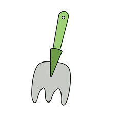 A green and silver garden tool with a pointed end. The tool is designed to be used for digging and is shaped like a fork