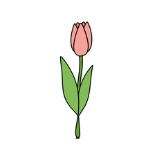 A pink flower with green leaves. The flower is drawn in a cartoon style. The drawing is simple and colorful