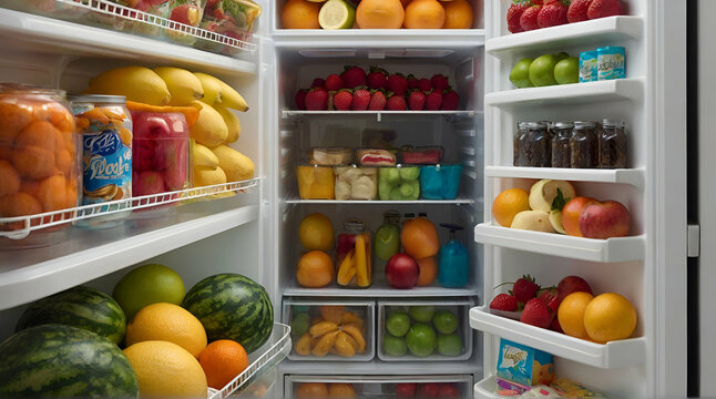 The door to an organized summer refrigerator, where every shelf is a display of fresh and colorful summer treats.generative.ai