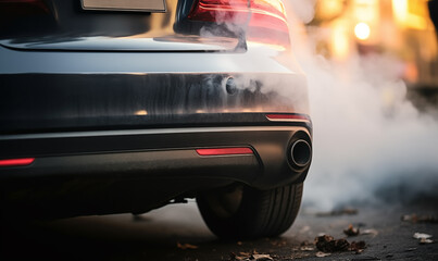 A close-up shot of the exhaust fumes coming out of an old car muffler. This shot was taken to address environmental pollution issues. - Powered by Adobe