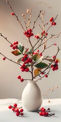 Cute red Flowers on minimalist ivory background 