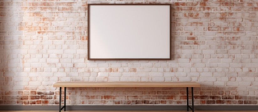 A simple wooden chair is placed next to a plain brick wall featuring a blank picture frame on display