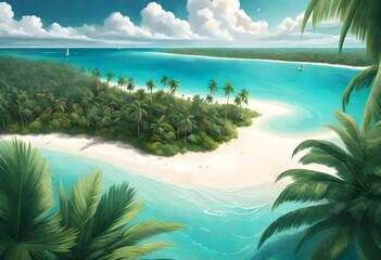 A breathtaking aerial view of a tropical paradise, with turquoise waters, white sandy beaches, and lush green palm trees. OCEAN. sea. vacation. bird's eye view