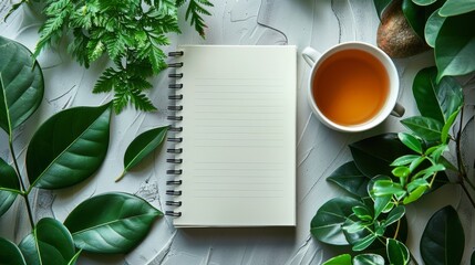 Blank white spiral notebook on table surrounded by coffee and green leaves, in flat lay photography style with minimalist aesthetic, taken from top view perspective on white background. - obrazy, fototapety, plakaty