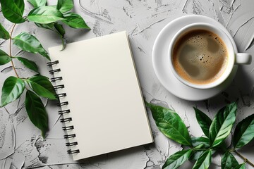Blank white spiral notebook on table surrounded by coffee and green leaves, in flat lay photography style with minimalist aesthetic, taken from top view perspective on white background. - obrazy, fototapety, plakaty