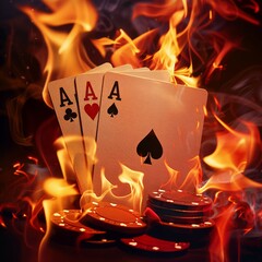 a hand of four aces surrounded by flames and a poker chip, giving off a strong impression of high stakes, intensity, and the fiery passion associated with risktaking in gambling