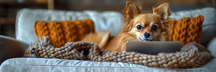 Chihuahua Working on Laptop in a Cozy Cafe,
 Cute welsh corgi pembroke dog with laptop in bed, Cute dog watching a movie on a laptop scree - obrazy, fototapety, plakaty