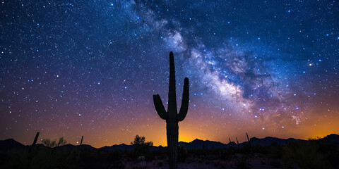 Peaceful night scene with numerous stars visible over the desert landscape, featuring a prominent...