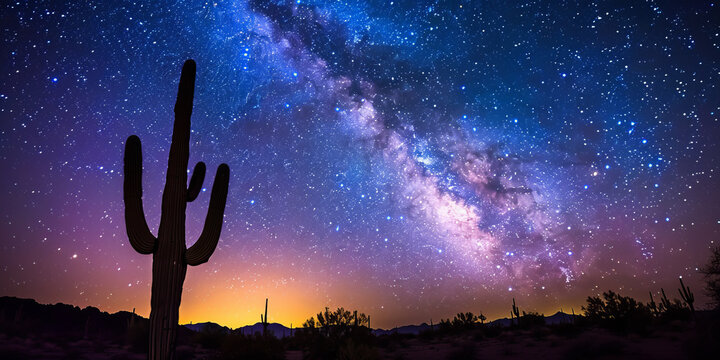 A stunning depiction of the Milky Way galaxy over a desert landscape with the silhouette of a Saguaro cactus