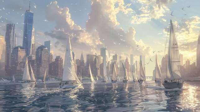 Against a backdrop of towering city buildings a fleet of sailboats elegantly s through the calm waters. The sleek white vessels are a striking contrast to the surrounding