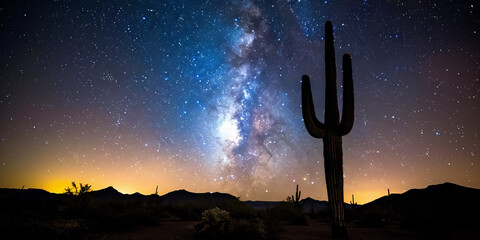 A breathtaking view of the Milky Way stretching over a desert landscape with a distinct cactus...