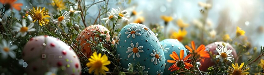 colorful easter eggs in flowers
