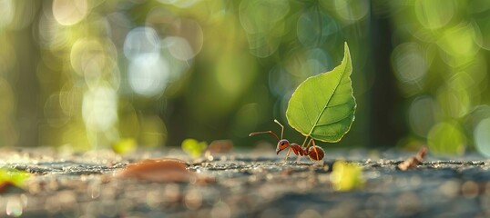"Macro shot of an ant laboriously carrying a large green leaf, showcasing determination and strength in nature's small wonders."