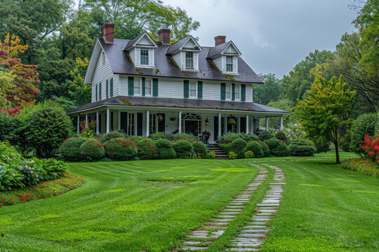 Beautiful home with a large front lawn, a white house in the background, a large garden path leading to it, the photo taken from across the street, a rainy day, a cloudy sky. Created with Ai