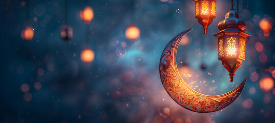 Ramadan Islamic greeting card with crescent moon decoration and lanterns, copy space area banner