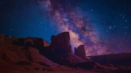 A scenic view of the galaxy with prominent rock formations and a vibrant Milky Way sprawling above