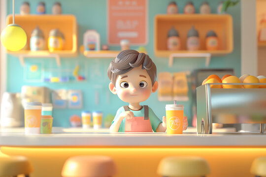 3D models of coffee shops and ice cream shops with cute cartoon characters.	
