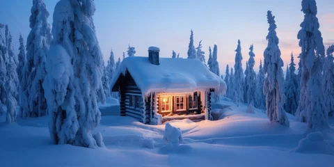 Papier Peint photo Europe du nord small cabin is covered in snow during the winter