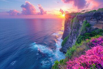 Uluwlegen in Bali, Sunset over the ocean with purple flowers on cliffs overlooking the sea view and pink clouds in the sky. Created with Ais