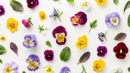Top view of a vibrant collection of viola pansy flowers and leaves on a white background - obrazy, fototapety, plakaty