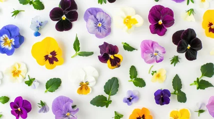 Fototapeten Top view of a vibrant collection of viola pansy flowers and leaves on a white background © Veniamin Kraskov
