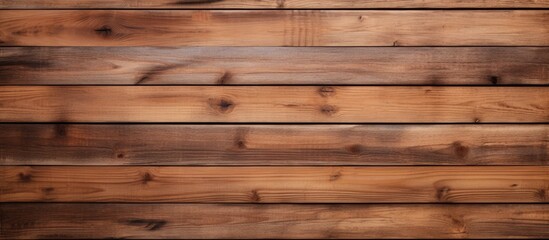 Fototapeta premium A detailed shot of a brown hardwood plank wall with a blurred background, showcasing the woods natural patterns and tints and shades