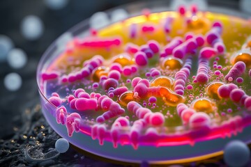 A close up of a pink and yellow blob of bacteria. The bacteria is in a petri dish and is surrounded by a white background
