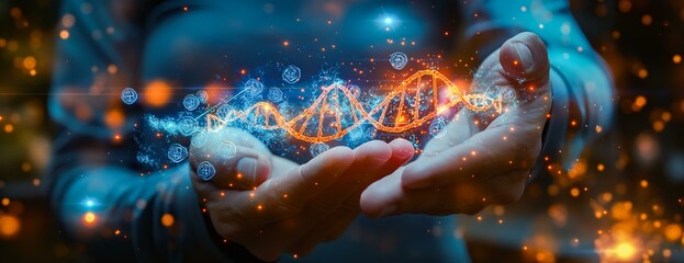 A person is holding a DNA strand in their hand. Concept of wonder and fascination with the complexity of life and the role that DNA plays in it