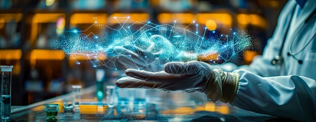 A scientist is holding a hand over a computer screen that is displaying a complex network of lines. Concept of wonder and curiosity about the intricacies of the network