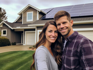 A happy couple stands smiling in the driveway of a large house with solar panels installed. 