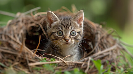 A little cat was sitting in a bird's nest that had fallen to the grass.