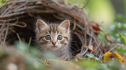 A little cat was sitting in a bird's nest that had fallen to the grass.