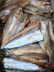 Sun-dried fish in market, Processing sea fish to preserve food for a long time by drying it in the sun