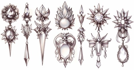 A set of simple and elegant brooch sketches, using simplified line style. The design of each brooch should be concise and clear, avoiding excessive decoration - obrazy, fototapety, plakaty