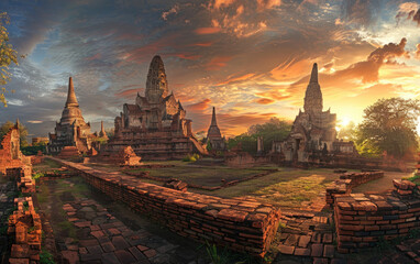 A panoramic view of the ancient temples at Abaya in Thailand, illuminated by golden sunlight against an orange and blue sky. - obrazy, fototapety, plakaty