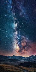 Naklejka premium Majestic view of the Milky Way galaxy rising above a stark mountain landscape reflecting the grandeur of the universe