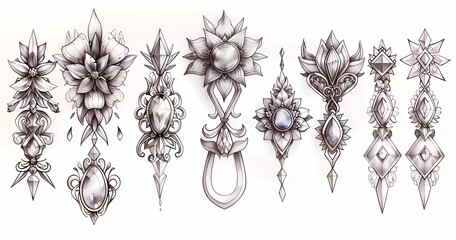 A set of simple and elegant brooch sketches, using simplified line style. The design of each brooch should be concise and clear, avoiding excessive decoration