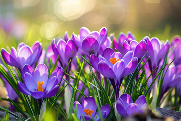 Stunning purple crocus flowers in full bloom, heralding the arrival of spring - Powered by Adobe