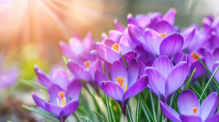 Stunning purple crocus flowers in full bloom, heralding the arrival of spring
