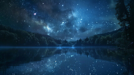 Ethereal scene with a star-filled night sky reflecting over a calm, mirror-like mountain lake in a forest setting - obrazy, fototapety, plakaty