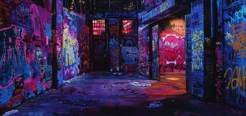 Under the cover of darkness the urban landscape transforms into a canvas for bold graffiti its colors amplified by the glowing streetlights. The once dreary alleyways now