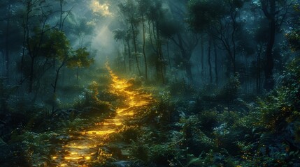 Amidst the darkness of the forest a luminous path emerges guiding the way towards a higher state of mind.