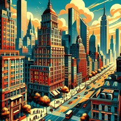 Illustration of an New York City, in the style of propaganda poster.
