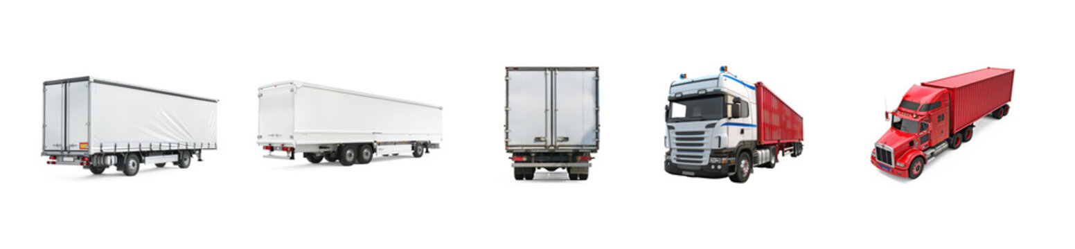 Set of  European white trailer facing to the left, truck on transparency background PNG

