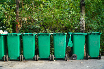 Trash can in the park. Green trash can in the park.